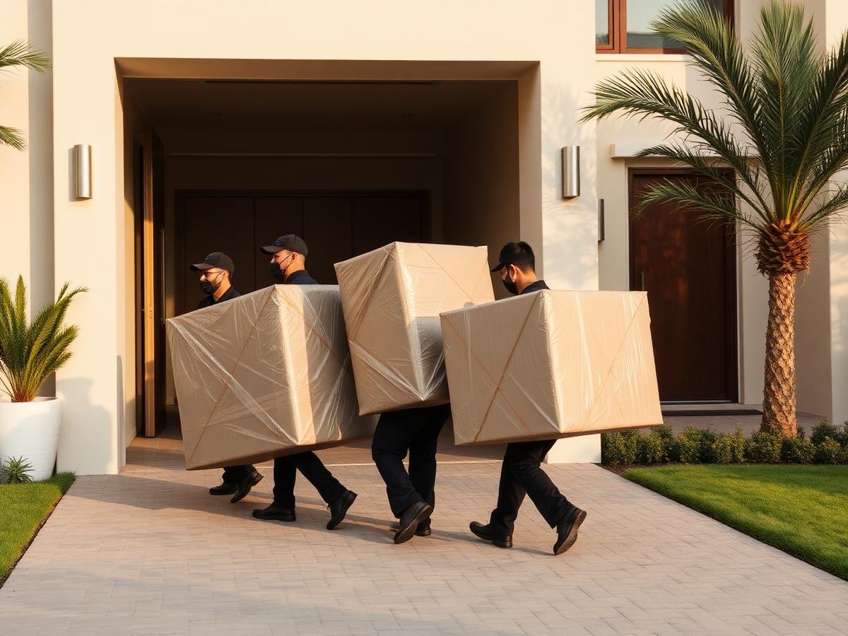 Spring Field Movers crew carrying wrapped furniture out of a villa