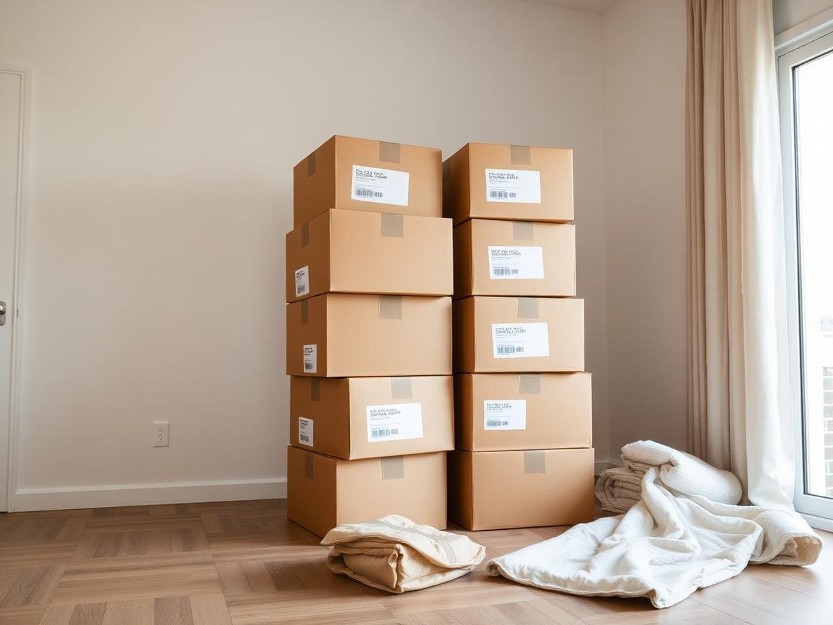 Labelled moving boxes and blankets ready for a move
