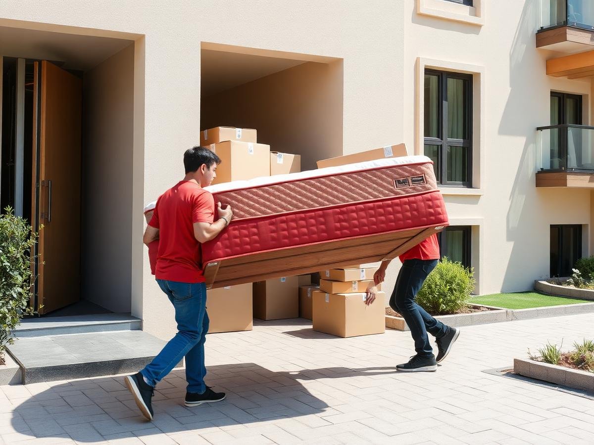 Movers carrying furniture into an Ajman building