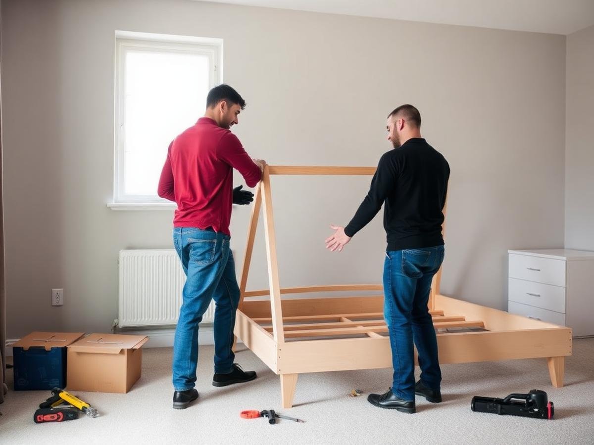 Crew rebuilding a bed frame in a new home