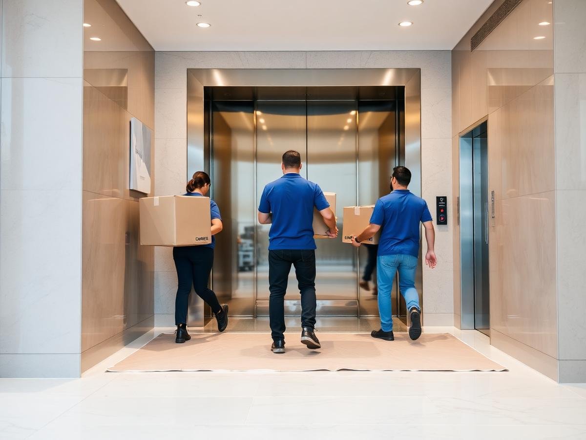 Movers in an apartment lift lobby