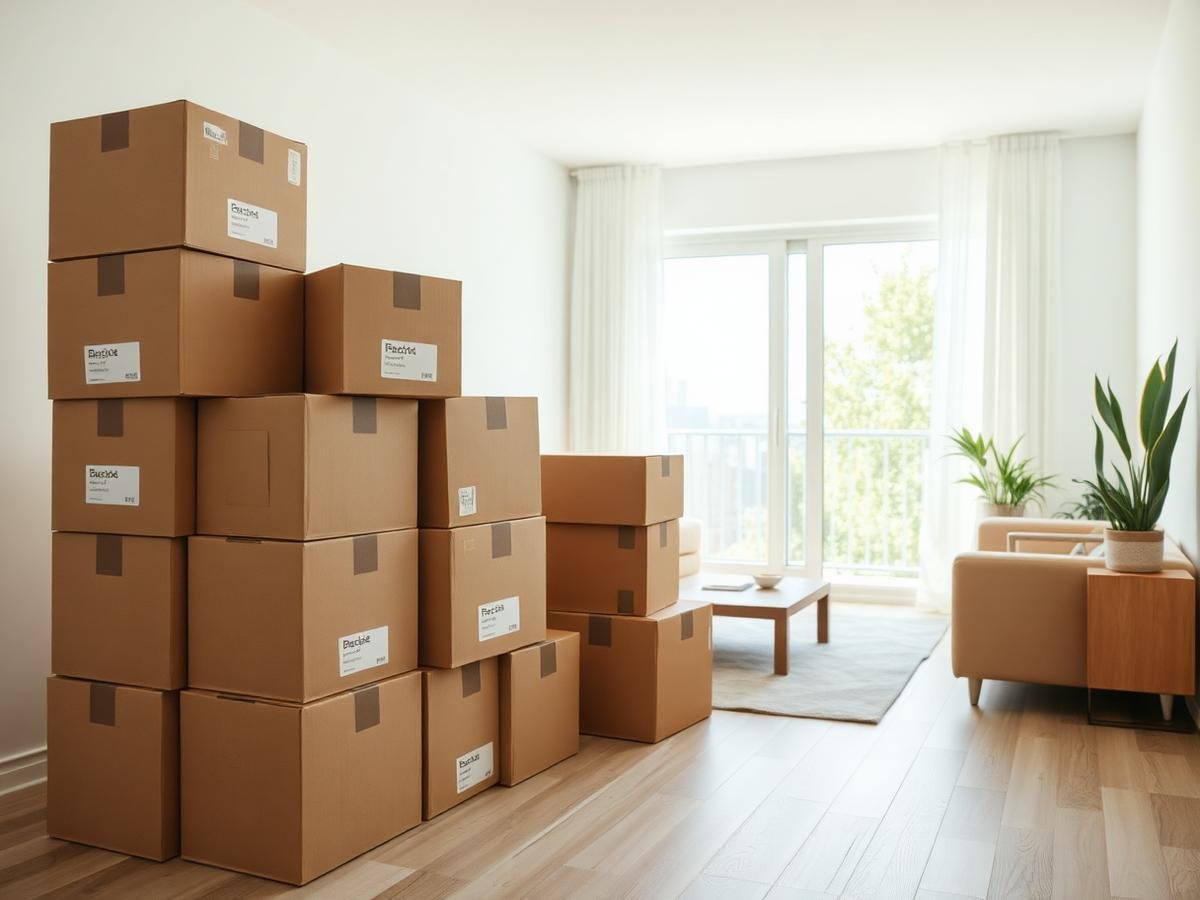 Boxes stacked in an empty living room