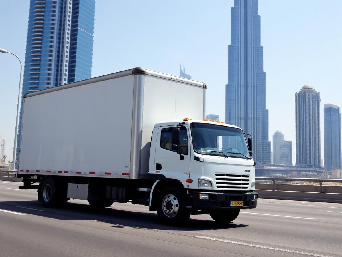 Moving truck in front of the Dubai skyline