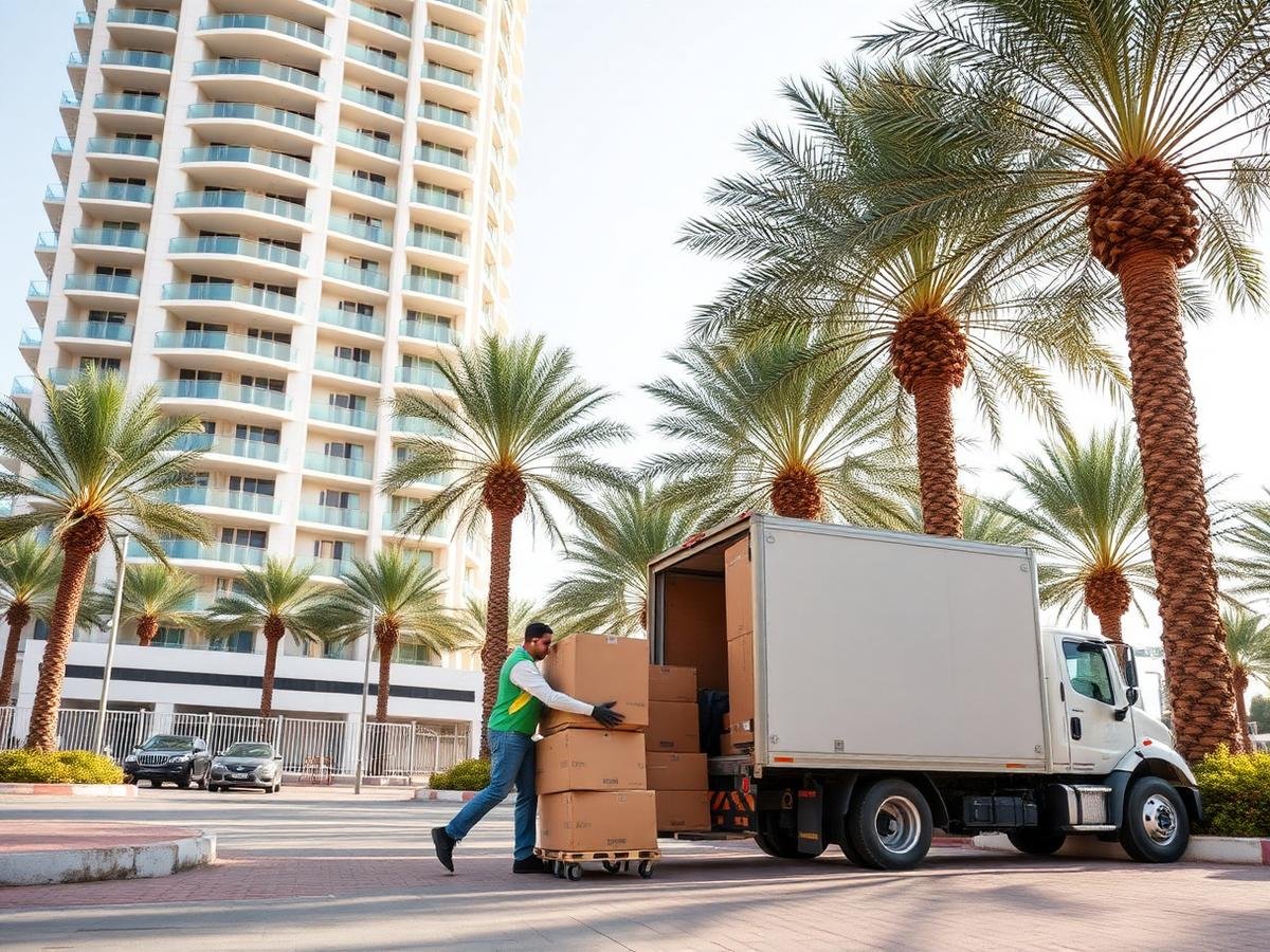Movers unloading at a Dubai Marina tower