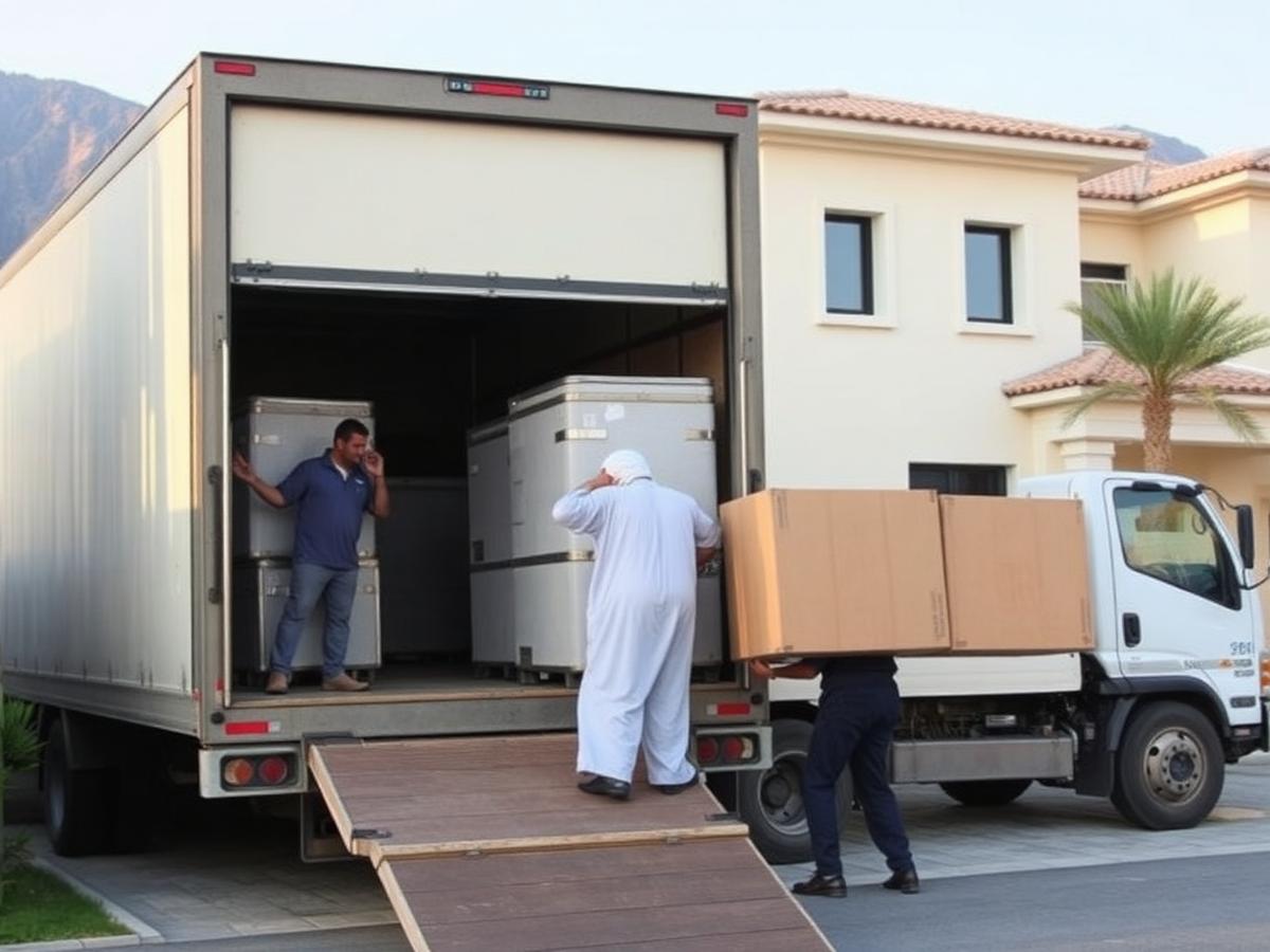 Movers loading a truck outside a house in Fujairah