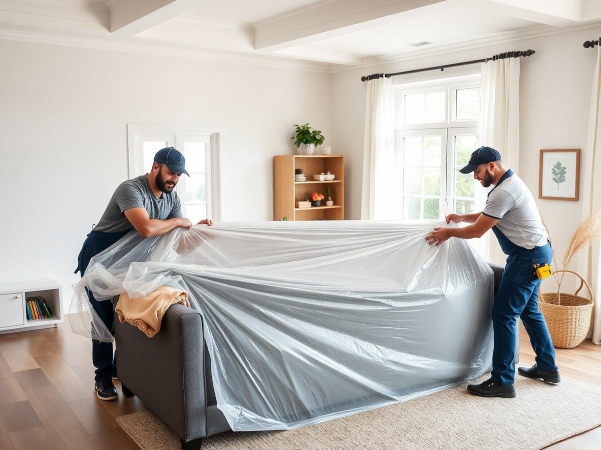 Movers wrapping a sofa before transport