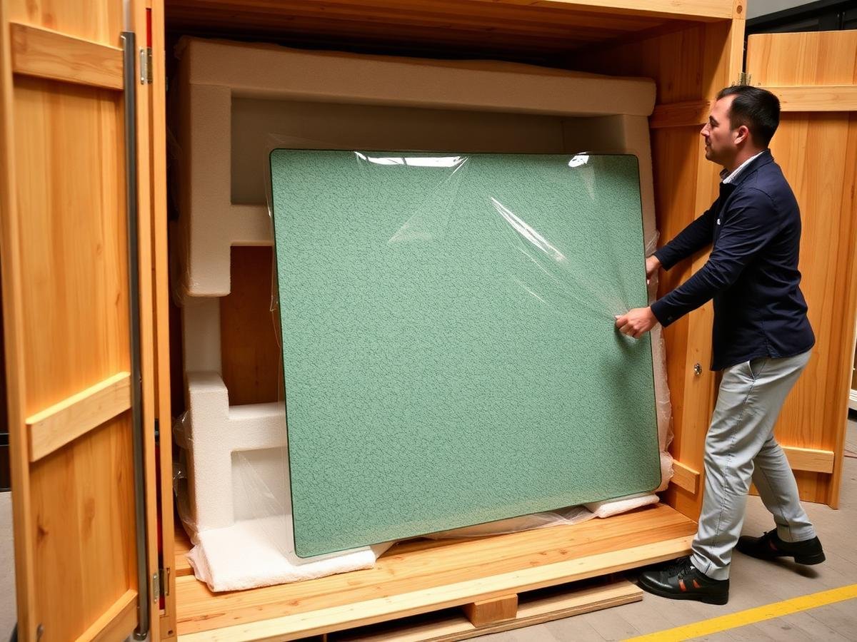 Crated glass table top ready to move