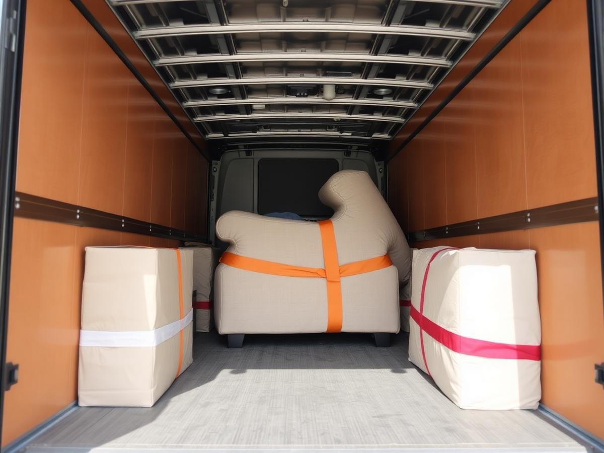 Furniture strapped inside a moving truck