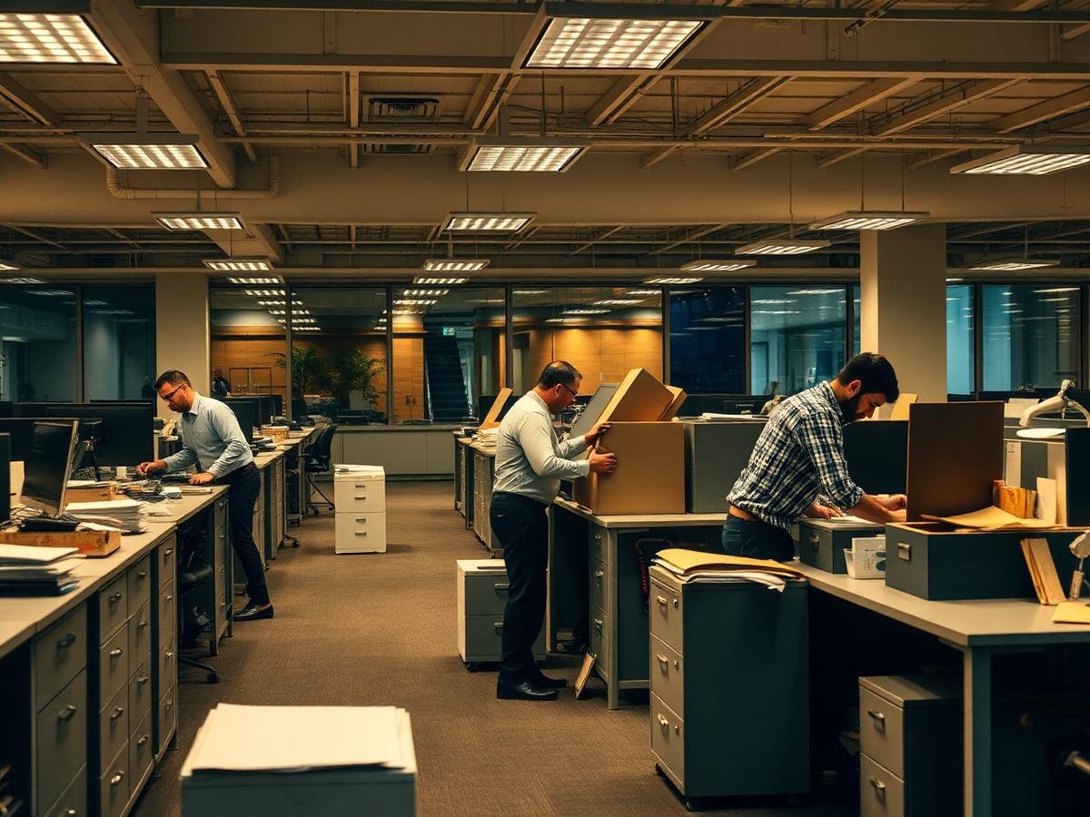 Crew dismantling office workstations