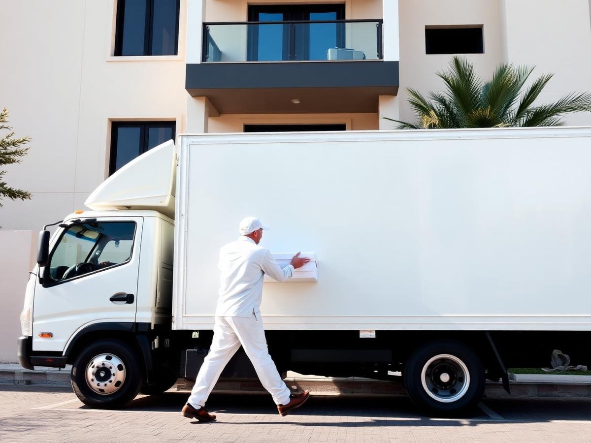 Movers loading a truck outside a Sharjah building