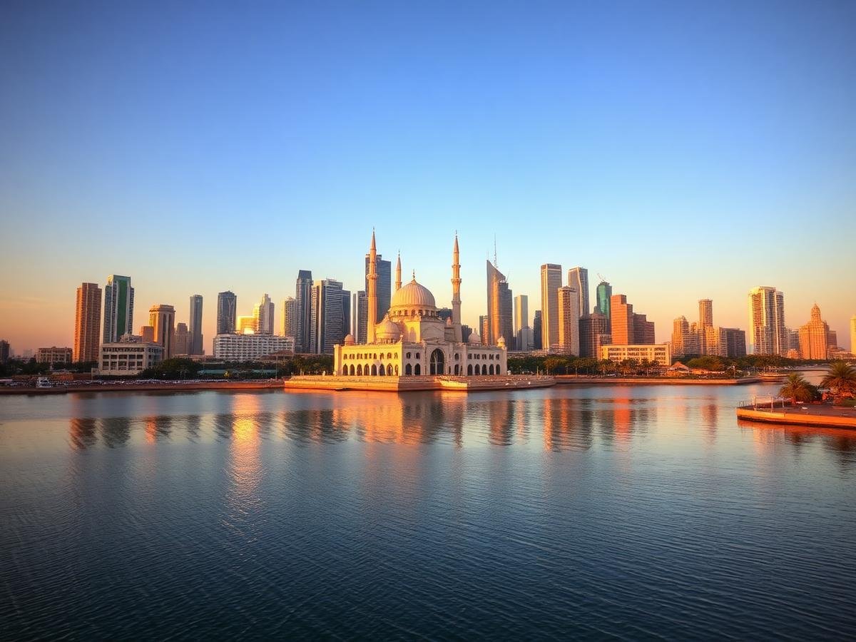 Sharjah skyline and lagoon at sunset