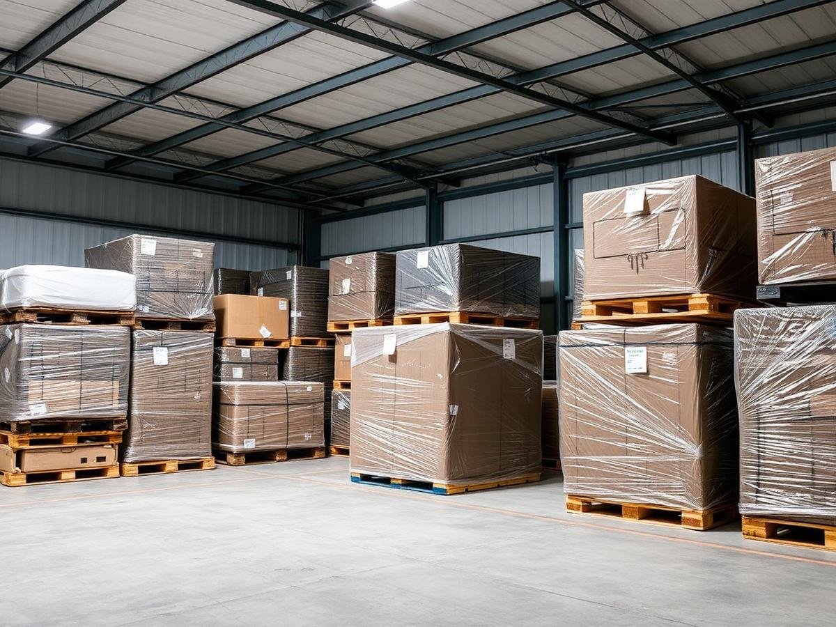 Palletised goods stacked in a warehouse