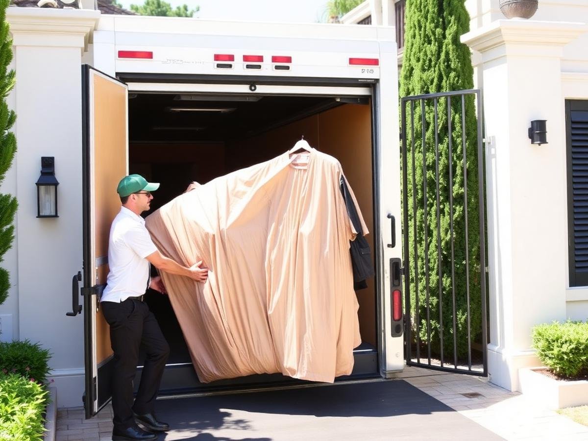 Movers carrying a wrapped wardrobe to a truck