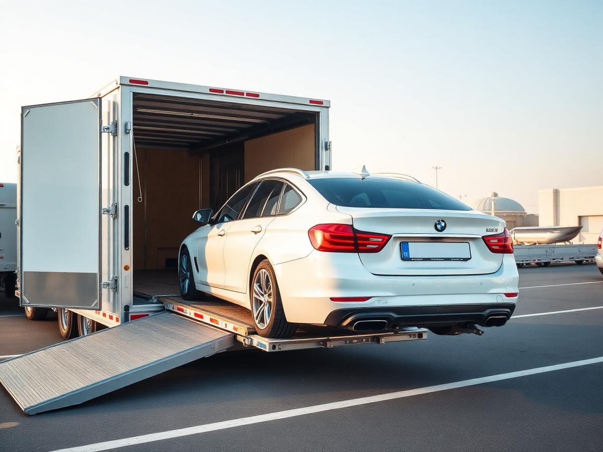 Car being loaded onto a transport trailer
