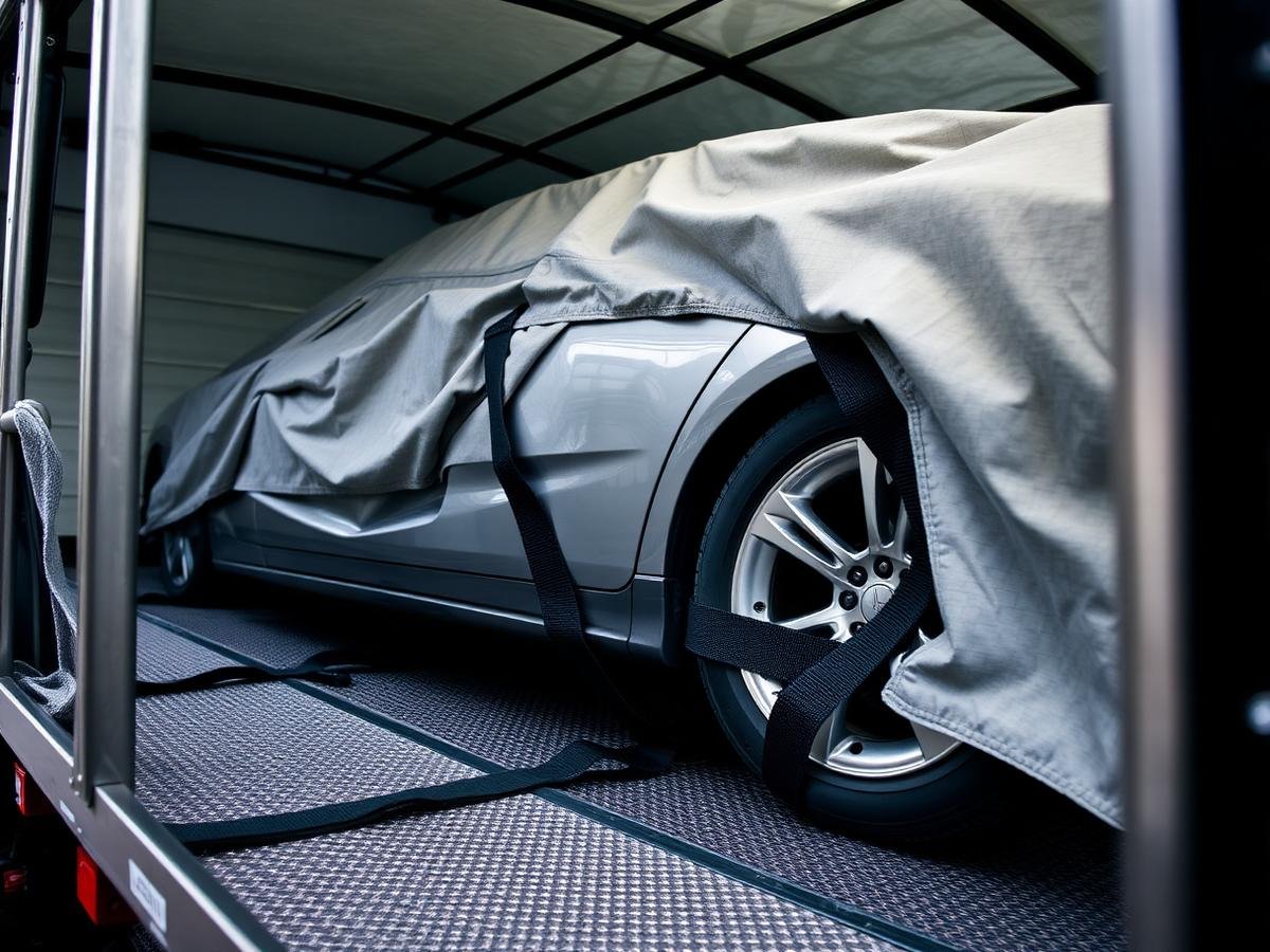 Wheel straps securing a car inside a carrier
