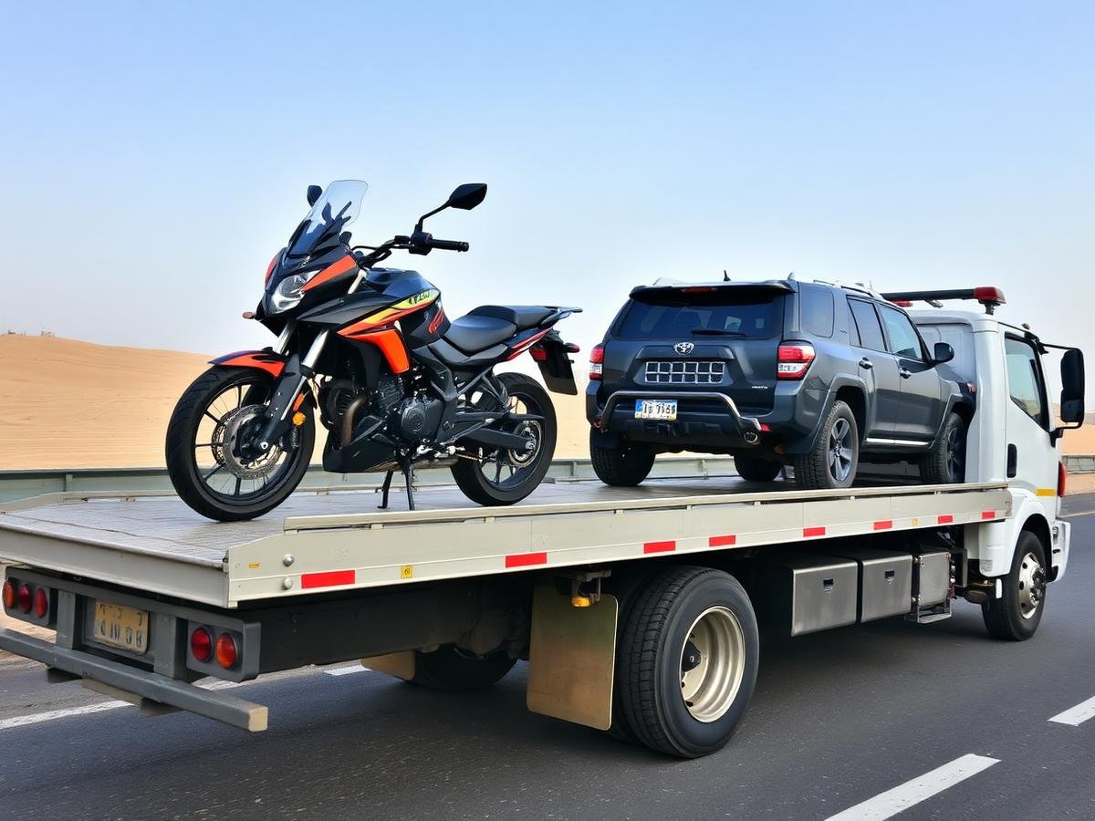 Motorcycle loaded on a recovery truck