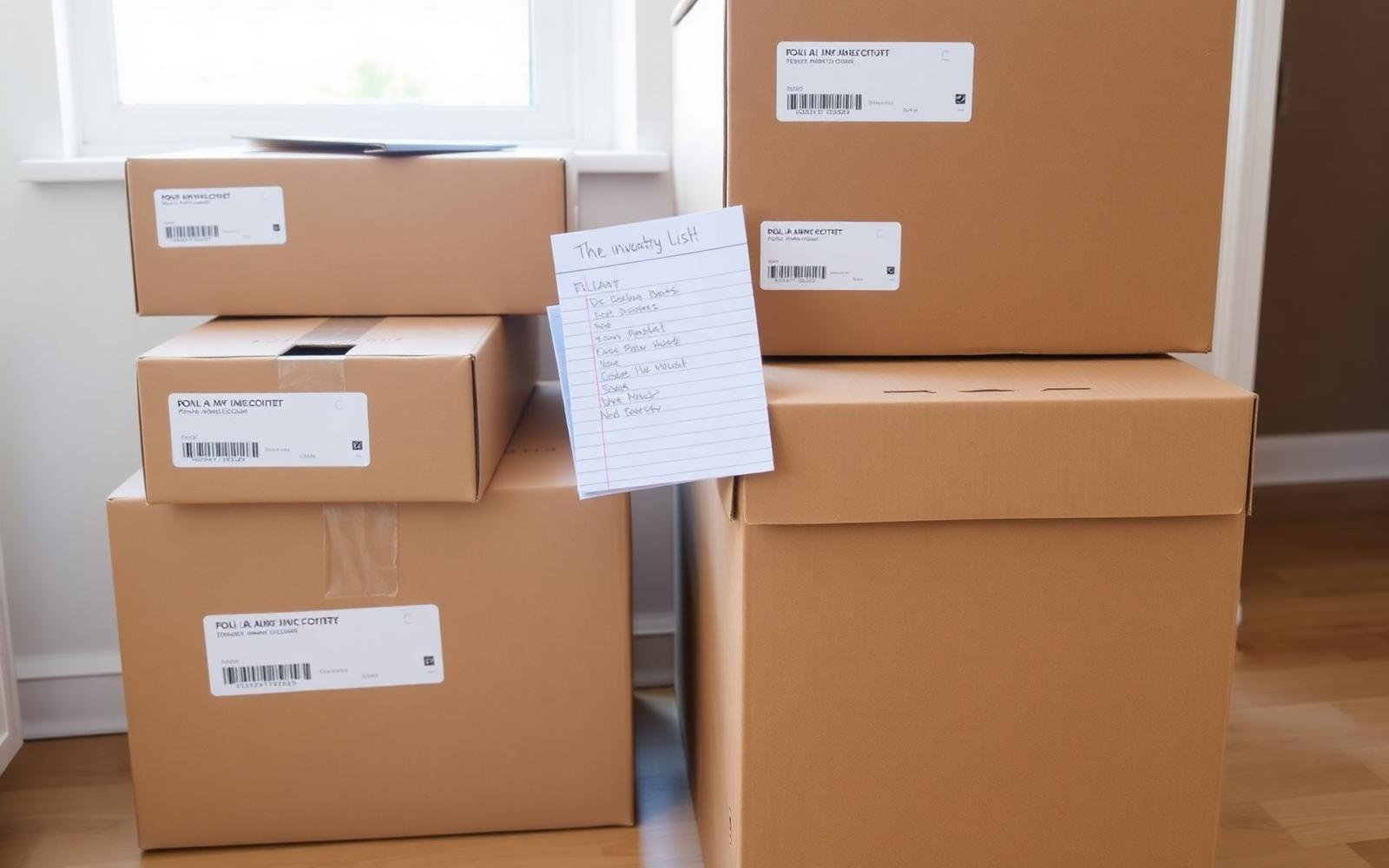 Labelled moving boxes with an inventory list