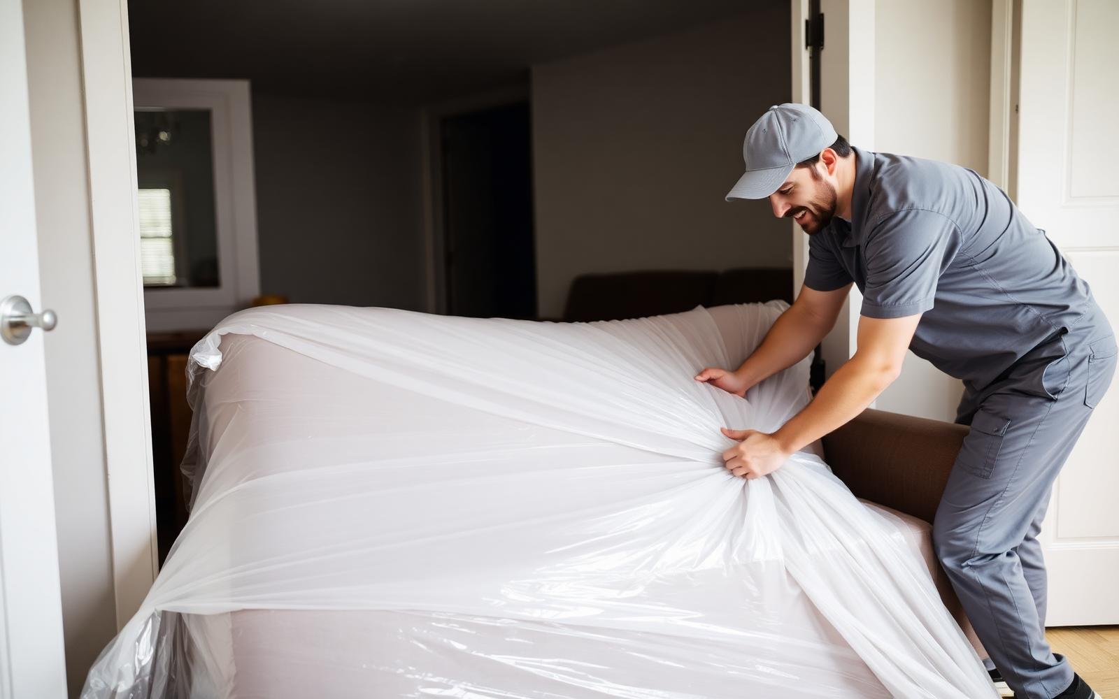 A mover wrapping a sofa in protective covers