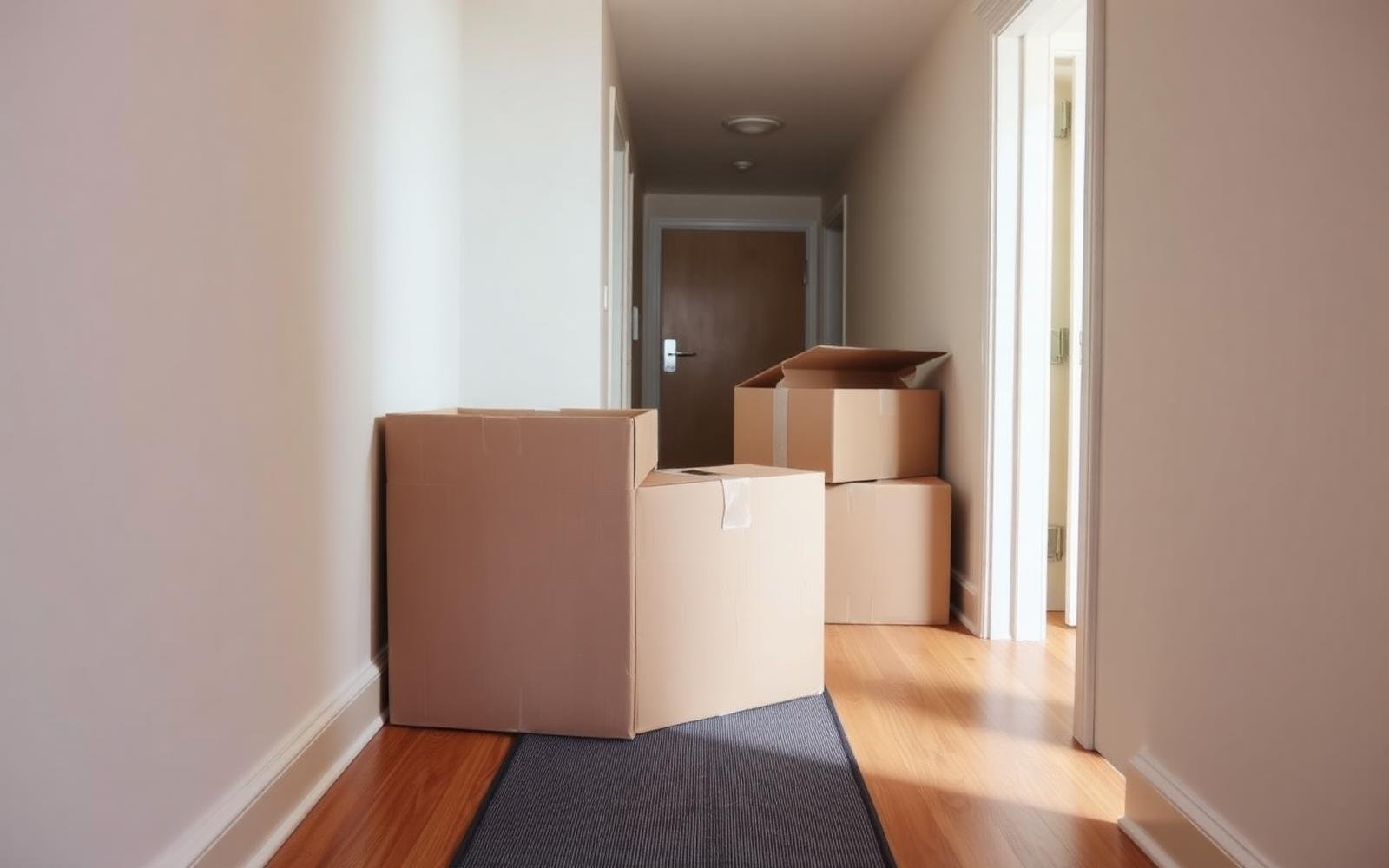 Boxes and floor protection in an apartment corridor