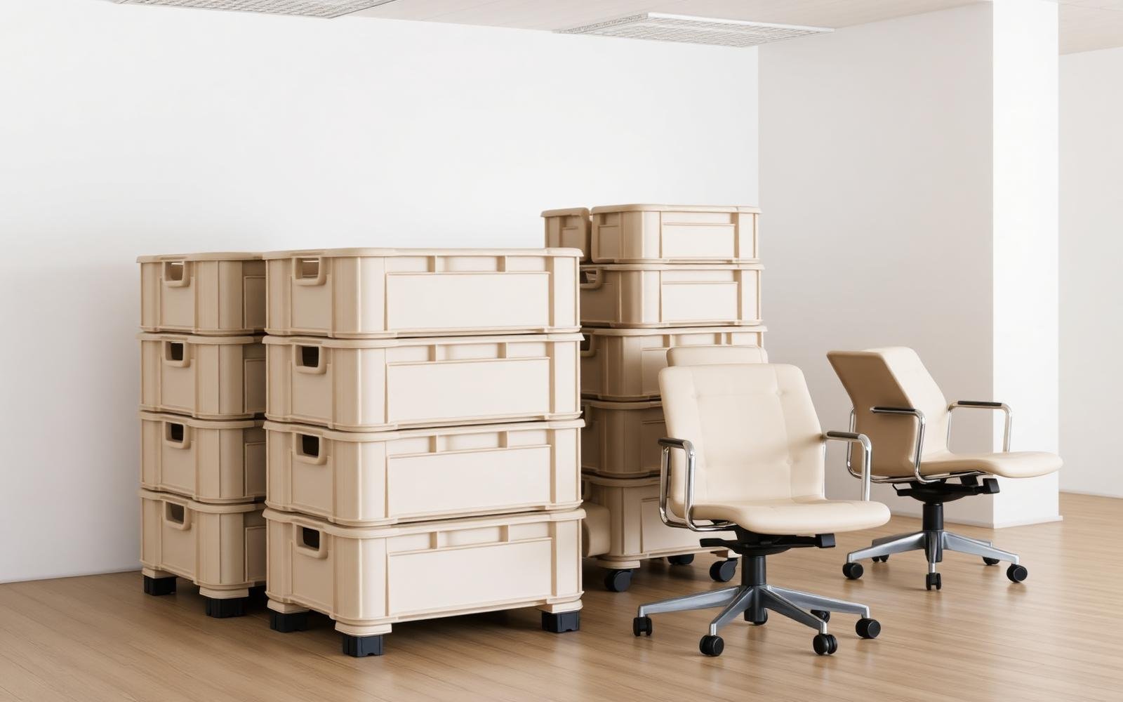 Stacked crates and office chairs in an empty office