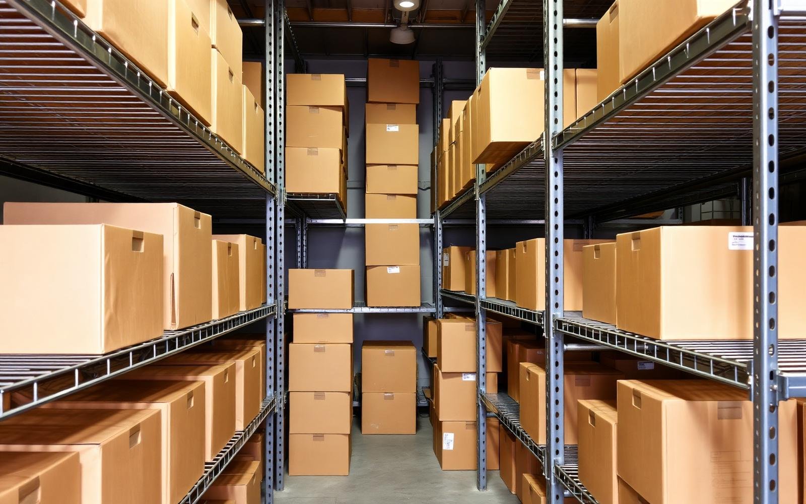 Shelves with labelled boxes in a storage unit