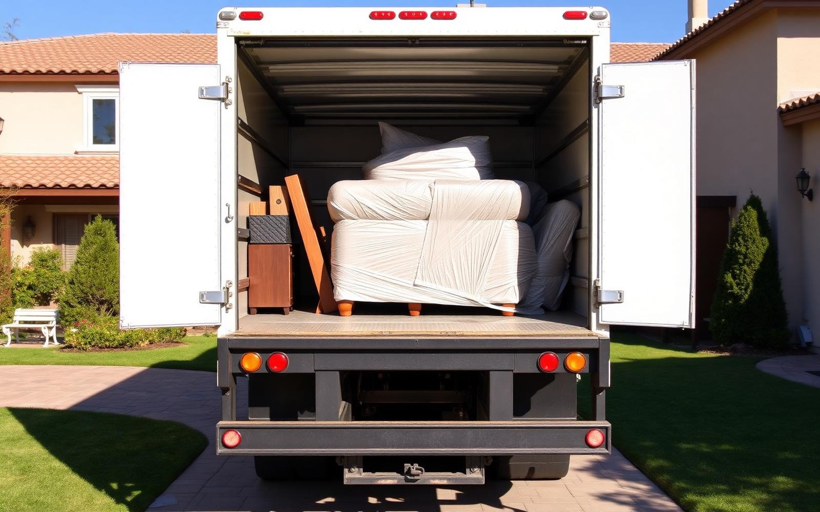 A moving truck being loaded with wrapped furniture