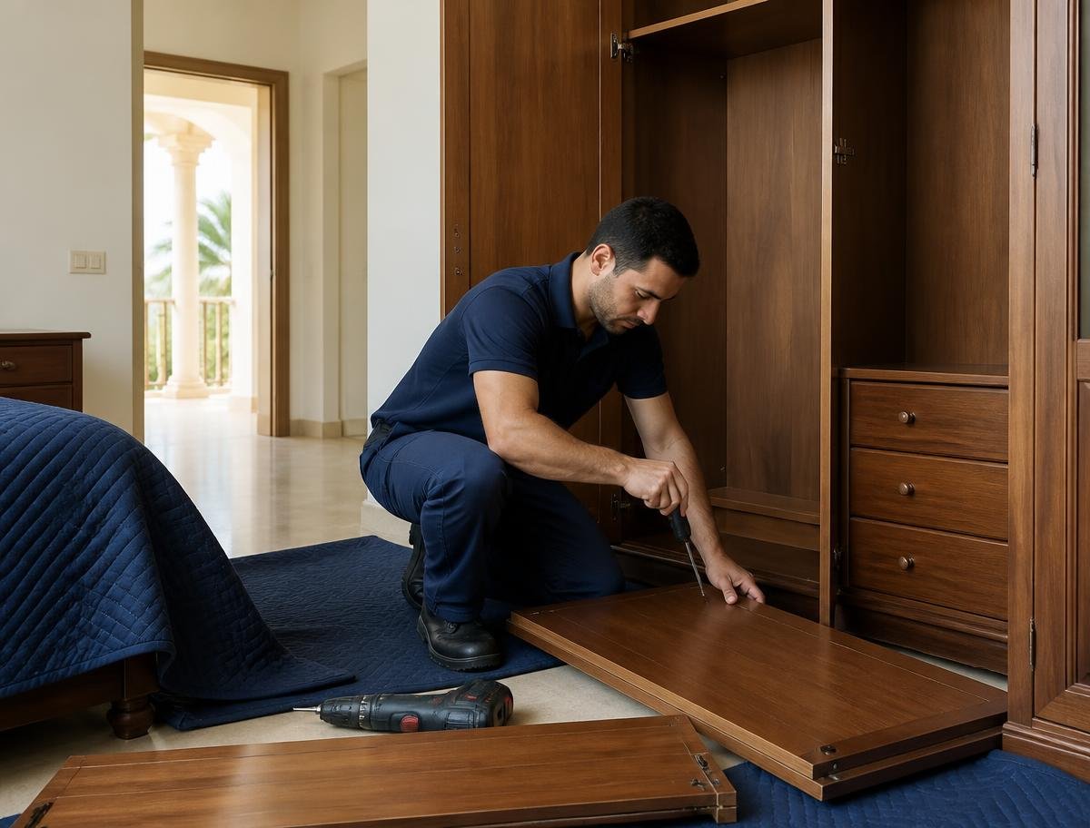 Carpenter dismantling a wardrobe during a villa move